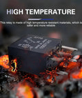 Heavy Duty 2 Pack Fuel Pump Relay 5 Pin 30 Amp 12 Volt Direct Plug Power Switch shown in high temperature setting with flames.
