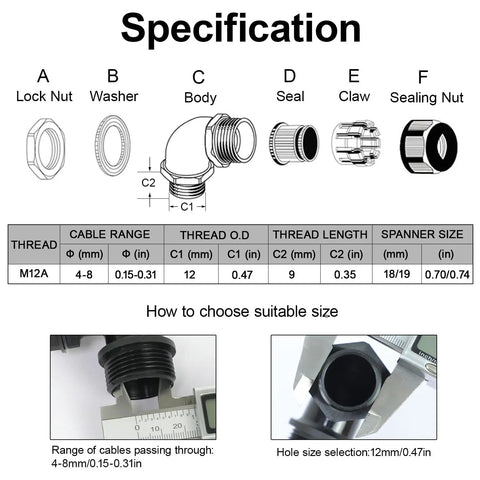 M12 Cable Gland 90 Degree Adjustable Strain Relief For 4 To 8mm Wires Nylon Joints With Gaskets Black 2 Pack Right Angle Cord Connectors For Electrical Panels And Junction Boxes, M12A size chart