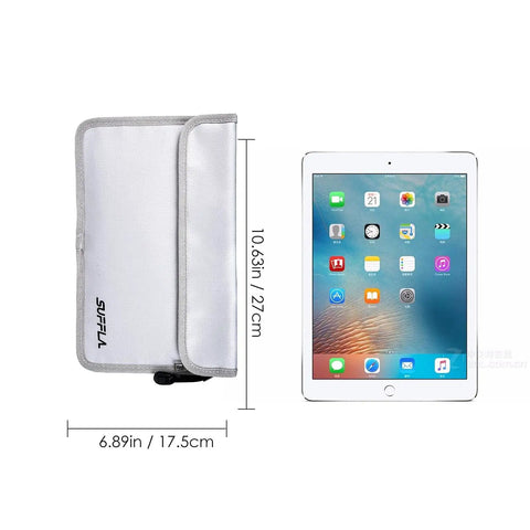 Fireproof Document Bag 11x7 Waterproof Multi Layer Money Safe with Zippers next to tablet for size comparison