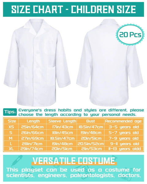 20 Pack Kids Lab Coats White Unisex Science Doctor Costume For Halloween School Play Bulk Set For Boys And Girls Medium Size