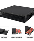 Black mesh drawer design of Wooden Coffee Station Organizer With 2-In-1 Pod Drawer And Tea Bag Holder, Cup Holder, Coaster And Napkin Organizer.