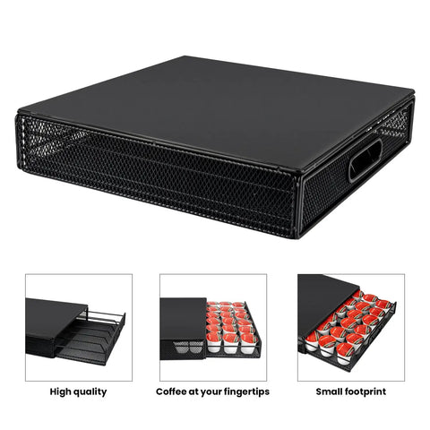 Black mesh drawer design of Wooden Coffee Station Organizer With 2-In-1 Pod Drawer And Tea Bag Holder, Cup Holder, Coaster And Napkin Organizer.