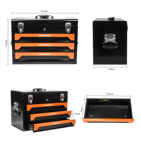 Beefy Heavy Duty 3 Drawer Metal Tool Chest Organizer With Ball Bearing Drawer Slides Portable Garage Workshop Tool Box