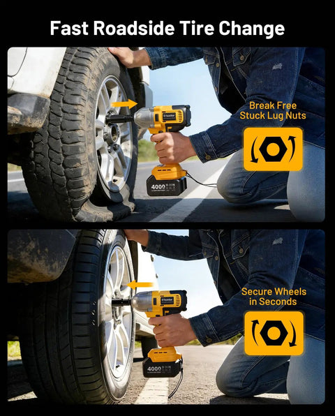 Half Inch Cordless Impact Wrench With Brushless Motor 1032 Foot Pounds Beefy Torque 1400 Newton Meters Electric Impact Driver Kit used for changing car tire