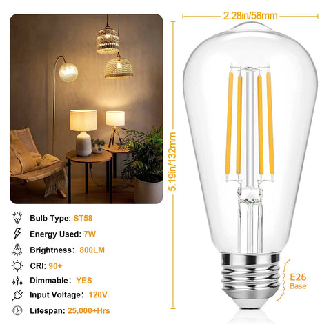 Vintage LED Edison Bulbs 60 Watt Equivalent Dimmable ST58 Filament Lights Old School Glow Warm White 3000K with E26 base