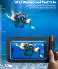 Woman swimming underwater with phone in Big Case Friendly Waterproof Phone Pouch Case IPX8, display at 30-meter depth.