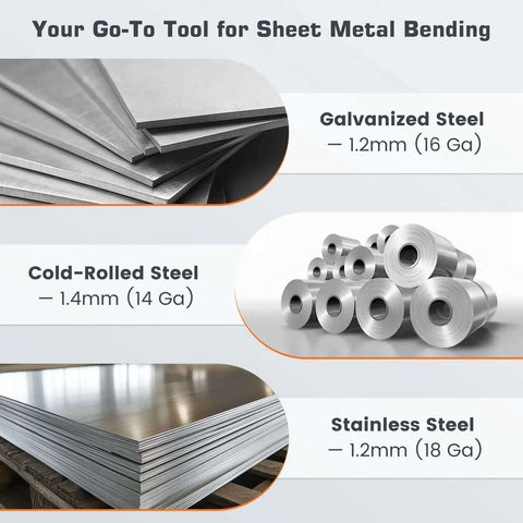 Assorted sheet metals: galvanized, cold-rolled, stainless steel; Heavy Duty 15.25 Inch Sheet Metal Folding Hemming Tool Handheld Bender