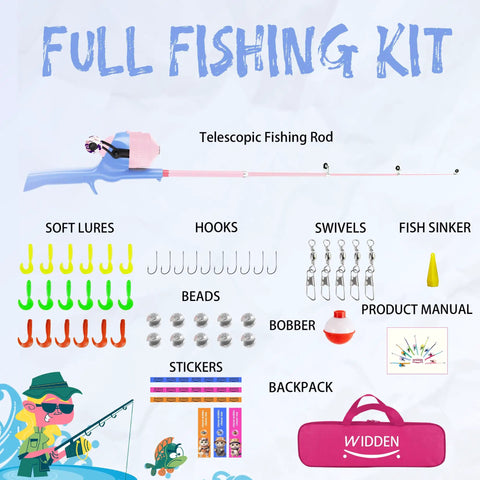 Kid Friendly Portable Telescopic Fishing Rod And Reel Combo With Tackle Box In Lavender And Blossom Pink For Boys And Girls Beginners Over 3 Years Old, Lightweight And Easy To Use Grab And Go, full kit contents and bag display.