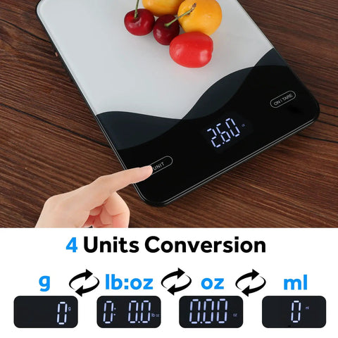 Digital Kitchen Scale 22lb 10kg USB C Rechargeable With Tempered Glass Top showing 26.0 reading with touch screen control