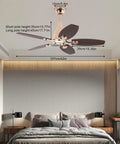 Ceiling Fan with Built-in Light and Handheld Switch, 5 Blades, Modern, showing dimensions above a stylish bedroom.
