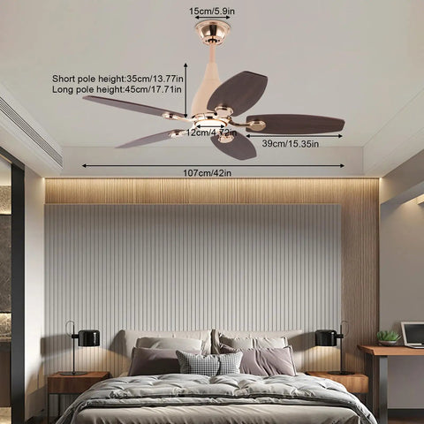 Ceiling Fan with Built-in Light and Handheld Switch, 5 Blades, Modern, showing dimensions above a stylish bedroom.