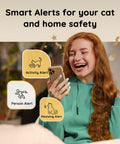 Woman using smartphone for smart alerts with 2K Pet Cam With Treat Dispenser And AI Photo Album, showing activity, person, meowing alerts.