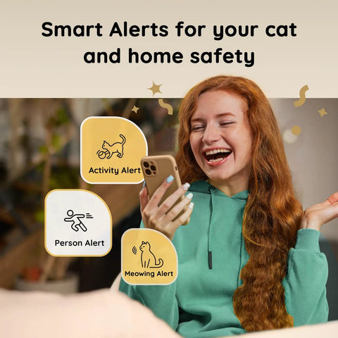 Woman using smartphone for smart alerts with 2K Pet Cam With Treat Dispenser And AI Photo Album, showing activity, person, meowing alerts.