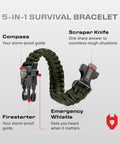 5-in-1 survival bracelet with compass, scraper knife, firestarter, and emergency whistle for camping and hiking.