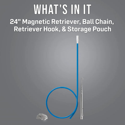 MagneTriever Magnetic Retrieval System Kit With Flexible 24 Inch Retriever, 10 Foot Ball Chain, Three Quarter Inch Stop Ring, MRS RH20 Expandable Retrieval Hook, And Durable Pouch For Easy Debris Retrieval In Tight Spots