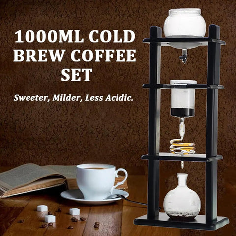 Premium 1000Ml Glass Cold Brew Coffee Maker Featuring Slow Drip Tower System brewing cold coffee on wood table.