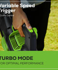 Close-up of hand using 80V Cordless Leaf Blower With Brushless Motor, 700 CFM At 170 MPH Turbo with variable speed trigger