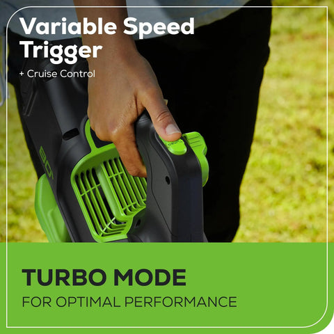 Close-up of hand using 80V Cordless Leaf Blower With Brushless Motor, 700 CFM At 170 MPH Turbo with variable speed trigger