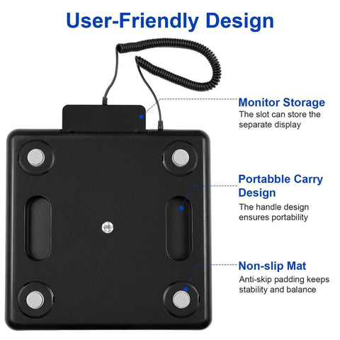 Bottom view of Digital Shipping Scale With 660 Lb Capacity For Heavy Packages showing carry handle and non-slip pads.