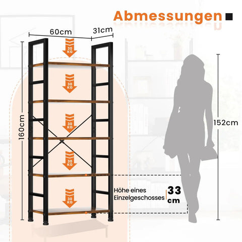 Five Tier Tall Bookshelf Corner Organizer In Brown That Keeps Your Garage Kit CDs Movies And More Neatly Stacked Fits Home Office Living Room Kitchen Or Bedroom Space Saving And Super Easy To Put Together showing dimensions and weight capacity