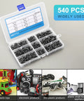 Top Shelf 540 Piece Phillips Truss Head Self Tapping Screw Assortment Kit With Washers Black Carbon Steel Fasteners in organizer box.
