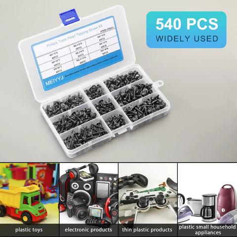 Top Shelf 540 Piece Phillips Truss Head Self Tapping Screw Assortment Kit With Washers Black Carbon Steel Fasteners in organizer box.