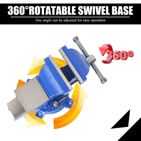 Heavy Duty 6 Inch Bench Vise With Locking Base Clamp Cast Steel 360 Degree Swivel Built In Anvil For Woodworking Conduit Drilling Cutting And Sanding On a Desktop Workbench, 360° swivel base