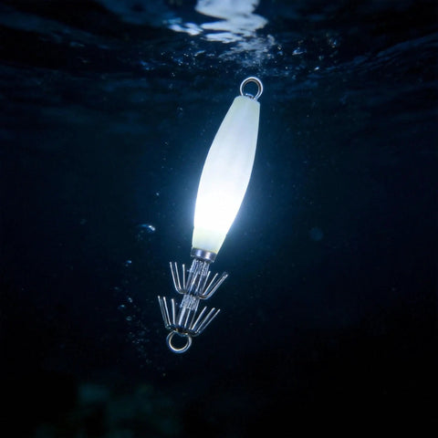 Night Fishing Glow In The Dark Squid Jigs Kit 10 Pcs with glowing jig underwater, saltwater ready, durable hooks visible.