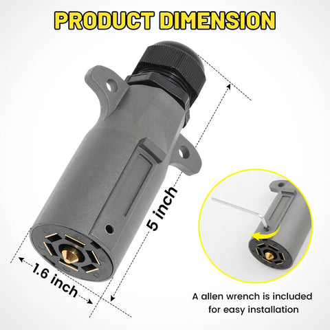 7 Pin Trailer Plug With IP68 Waterproof Seal Detachable 7 Way Round RV Style Connector dimensions with allen wrench.