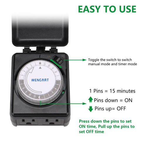 Badass All Weather Outdoor Mechanical Timer With Dual Grounded Outlets weatherproof flip cover, showing manual and timer mode settings.