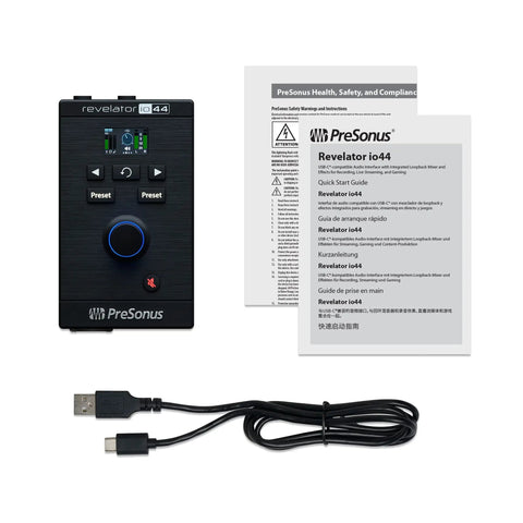 Ultra Compact USB C Audio Interface For Music Production And Streaming With Built In Mixer Dope Effects Presets And Studio One DAW Compatibility For PC And Mac Ready To Capture Any Track with cables and manuals.