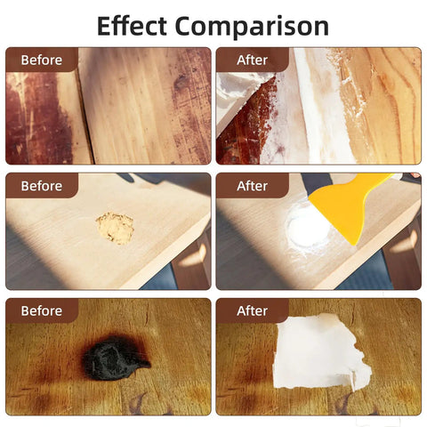 Effect comparison of furniture repair with Paintable Wood Filler Kit For Furniture Repair Quick Fix Dents Holes Cracks Stainable White Wood Filler 9.87 Oz Includes Scrapers And Sandpapers DIY Fix For Hardwood Furniture showing before and after results on wood surfaces