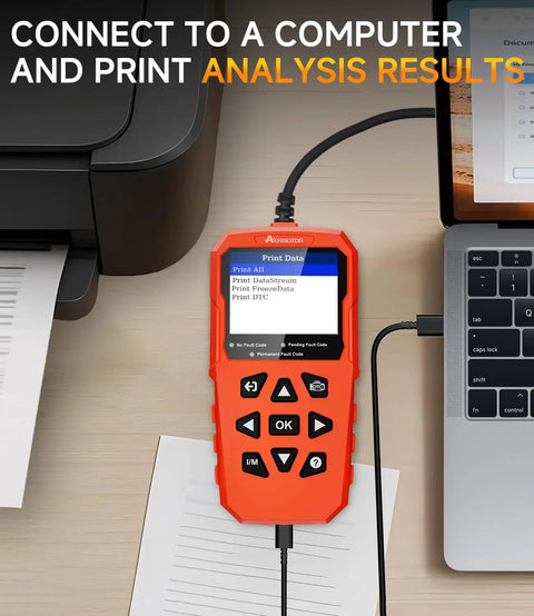 Pro Grade Car Diagnostic Tool With Live Data And Freeze Frame All In One OBD II Scan Tool connected to printer, showing setup
