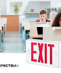 Hardwired Red LED Exit Sign With Battery Backup, Dual Face Emergency Light in office setting, visible red exit sign.