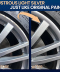 Before and after image of alloy wheel restoration using Top Shelf Silver Rim Touch Up Paint Pen for Chrome Wheel Scratches.