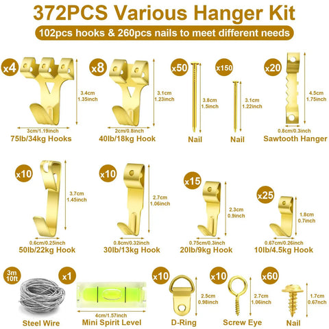 Beefy 372 Piece Picture Hanging Kit With Nails Sawtooth Hangers Hooks Ring Holes And Wall Hardware, detailed components image