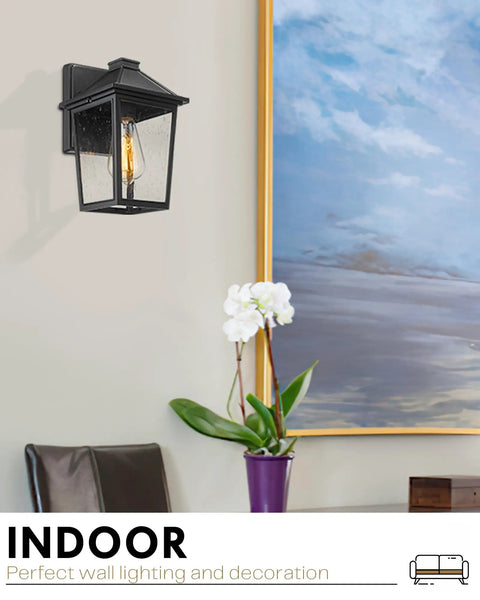 Indoor view of Outdoor Wall Sconce Lantern For Porch And Garage, Seeded Glass Shade Exterior Lighting, Waterproof and Weatherproof.