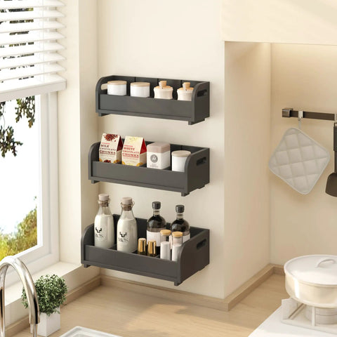Go-To Tea Bag Organizer Rack With 3-Tier Bamboo Display, Stackable Wall Mount, Holds 180 Plus Tea Bags, Black Finish in kitchen