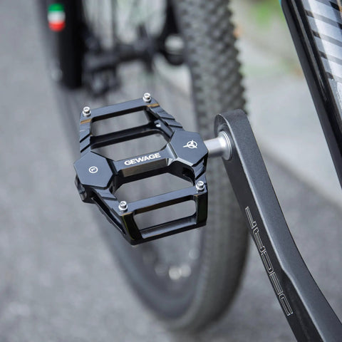 Flat Pedals For Mountain Bikes Aluminum Platform With Sealed Bearings 9 16 Inch Spindle Lightweight Durable Grippy For Road MTB BMX And Kids Bikes Black attached to bicycle crank arm