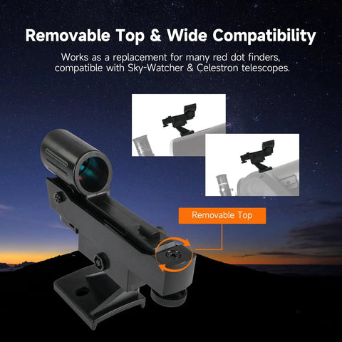 Red Dot Finder Scope For Astronomical Telescopes Reflex Viewfinder Compatible, removable top detail against night sky.