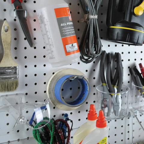White Pegboard Organizer Kit With Hooks Bins And Cups, 48 By 24 Inch Wall Mount Panels displaying organized tools and supplies