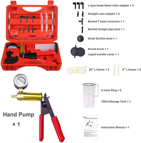 Hand Held Vacuum Pump Tester Kit With Vacuum Gauge And Brake Bleeder For Automotive Use Do It All Tool Set With Adapters And Case Cushioned Grip For Easy Pressure Testing And Bleeding Brakes, red case open