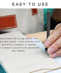 Hand using 3 Piece 5mm Leather Hole Punch Set with 2 4 6 prongs on leather project