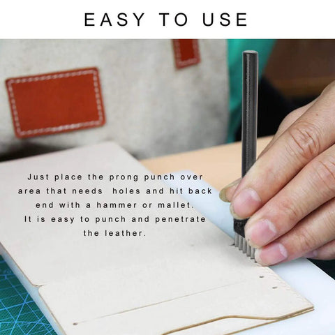 Hand using 3 Piece 5mm Leather Hole Punch Set with 2 4 6 prongs on leather project
