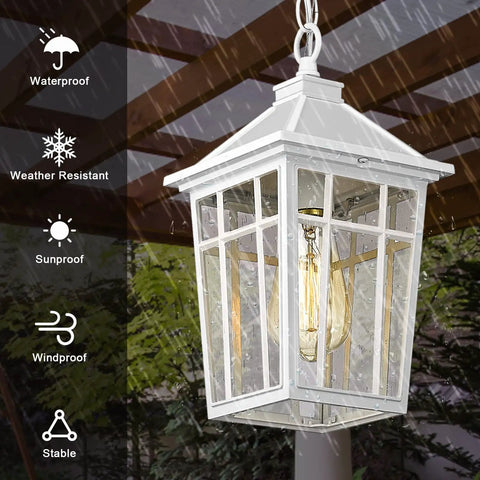 Outdoor Pendant Light Fixture With Seeded Glass, Weatherproof Aluminum Hanging Porch Light For Entryway Or Farmhouse Style, Rust Proof IP65 Waterproof, Shock Resistant And Thermally Stable, White Finish For Durable Exterior Lighting