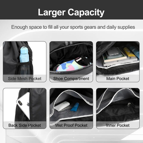 Drawstring Sports Gym Backpack With Wet Dry Separation, Shoes Compartment, showing multiple storage pockets and compartments.