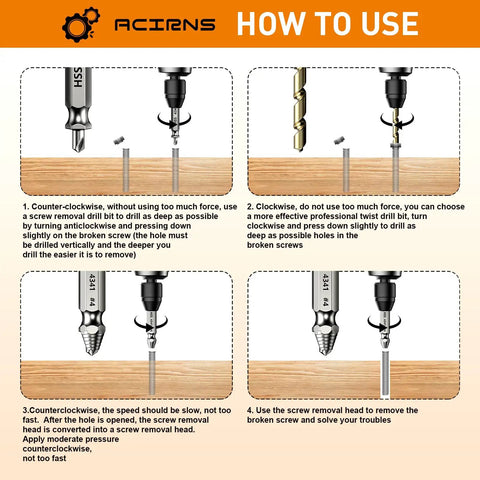Instructions for ACIRNS Damaged Screw Extractor Kit Must Have for Stripped Rusty Screws, showing HSS 4341 extractors and usage steps.
