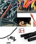 270 Piece 3 To 1 Dual Wall Adhesive Heat Shrink Tubing Kit With Six Sizes, showing application on wires and solder joints.