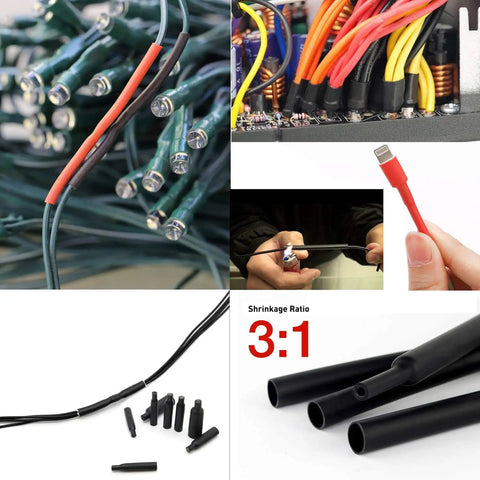 270 Piece 3 To 1 Dual Wall Adhesive Heat Shrink Tubing Kit With Six Sizes, showing application on wires and solder joints.