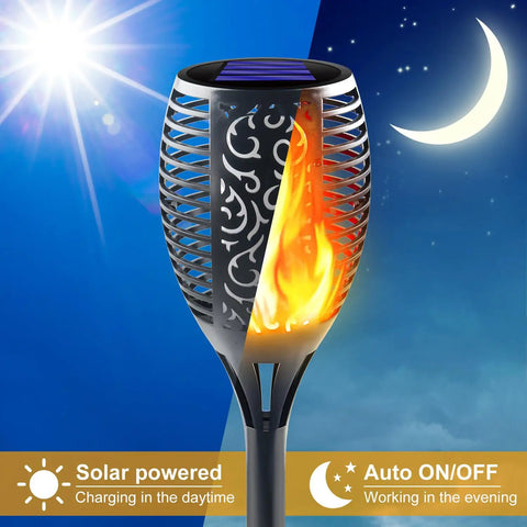 Huge Solar Torch Light With Flickering Flame That Looks Lit Upgraded Ultra Bright Outdoor Solar Lights close-up showing flame